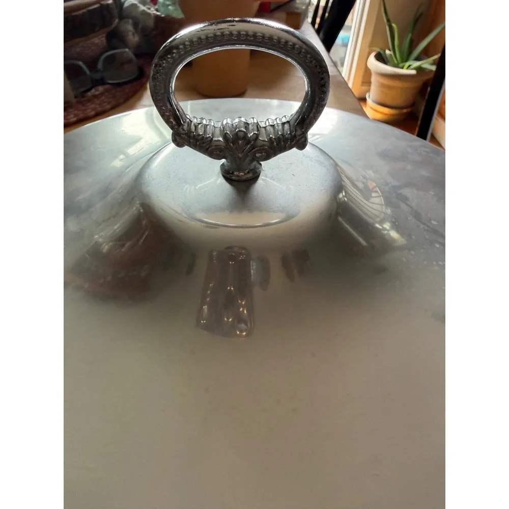 Buenilum Serving Bowl Lid Vintage Silver  Beaded MCM Hammered Aluminum